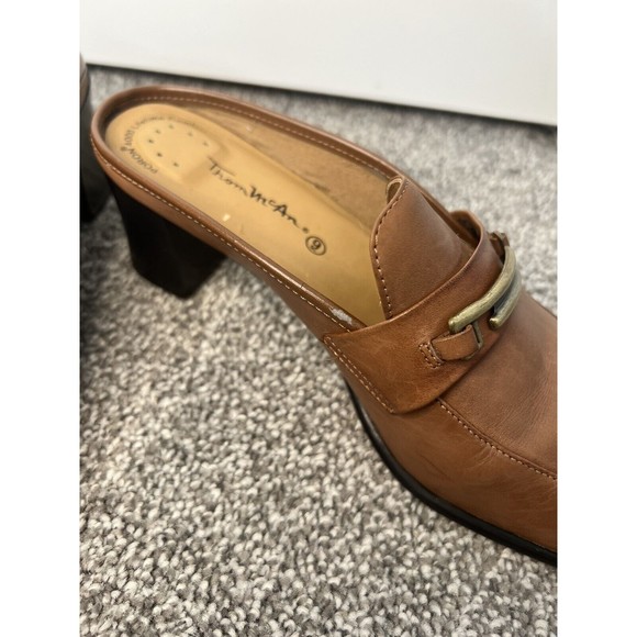 Thom Mcan Leather Heel Slip On Loafer mule Women’s 9 Gold Detail Block Heel - Picture 9 of 13